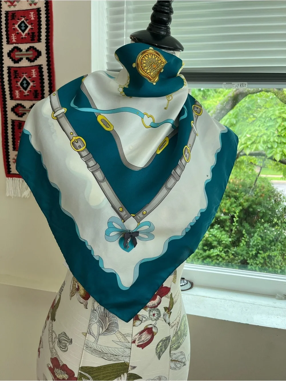 Silk-Feel Teal and White Decorative Women’s Scarf
